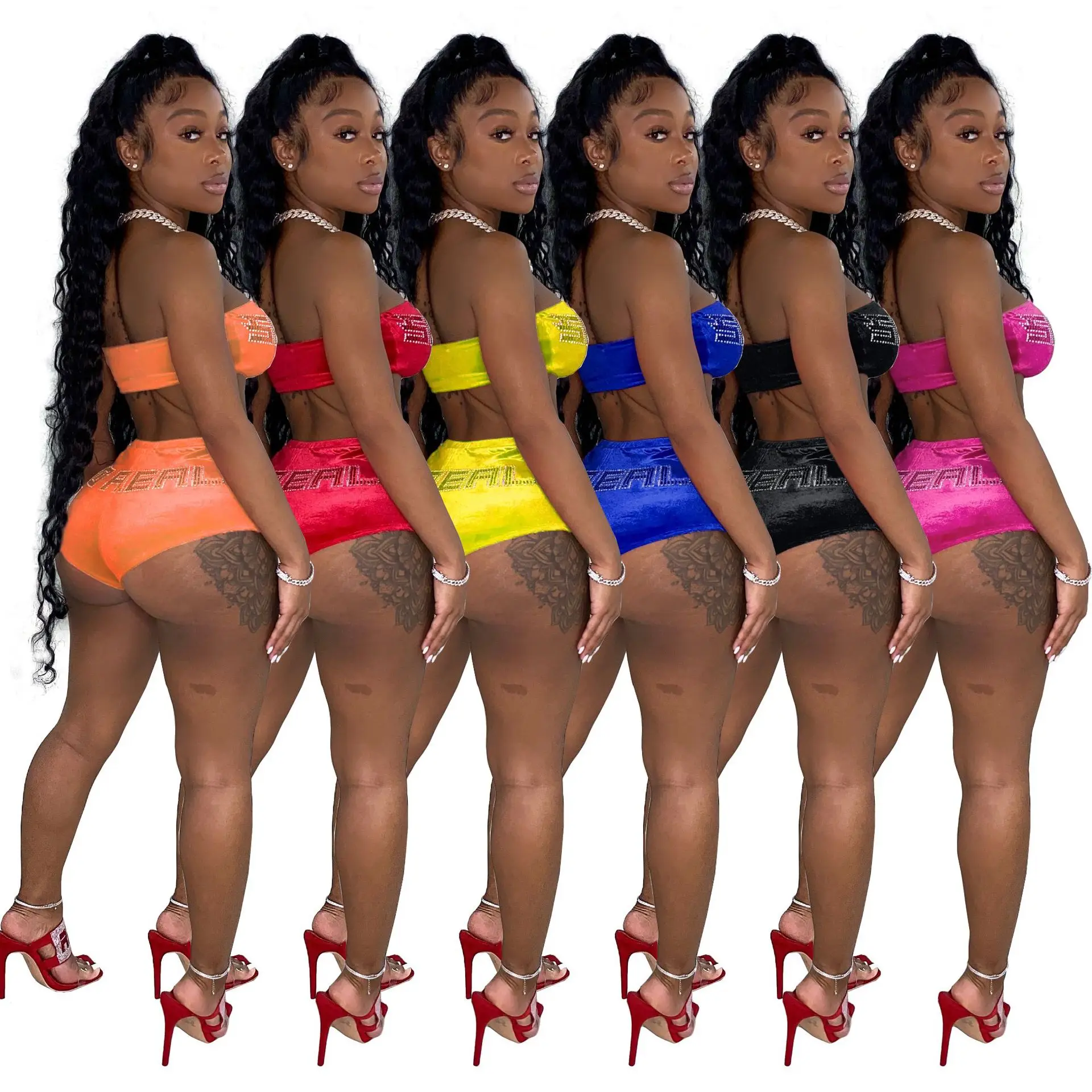 

tube top 2 piece shorts women velvet two piece short crop top lingerie jogging bodycon set pajama tracksuits set nightwear, Picture shows