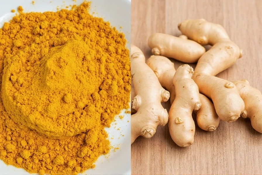 Turmeric root and ginger root side by side comparison