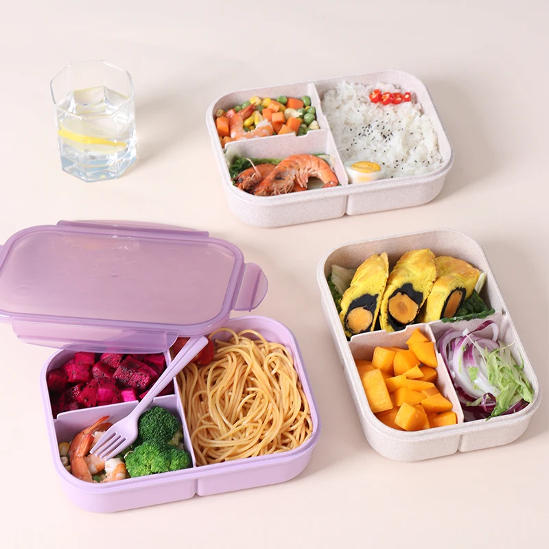 

Haixin High Quality School Wheat Straw Fiber Bento Lunch Box Container for Children With Fork Spoon, Wheat, purple, champagne