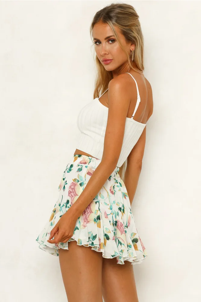 Elegant Floral Print Women Mini Short Summer High Waist Ruffle Plus Size Chiffon Skirts Holiday