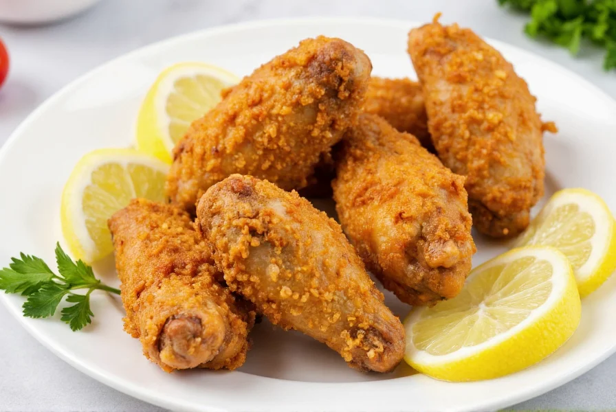 Crispy golden lemon pepper chicken wings on white plate with lemon wedges and fresh parsley garnish