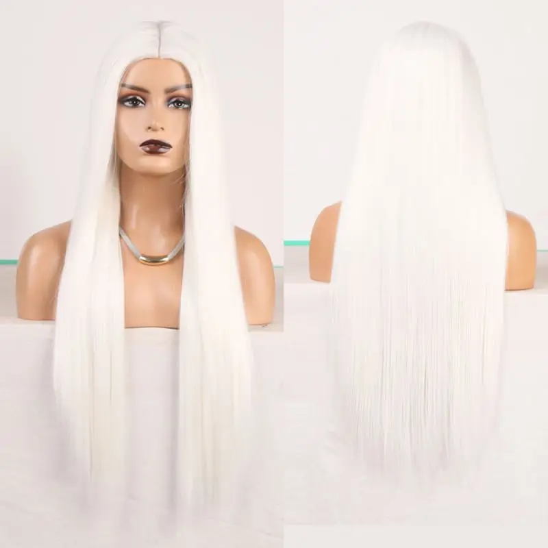 

women's long straight hair machine made wig chemical fiber high temperature silk white long straight hair wig