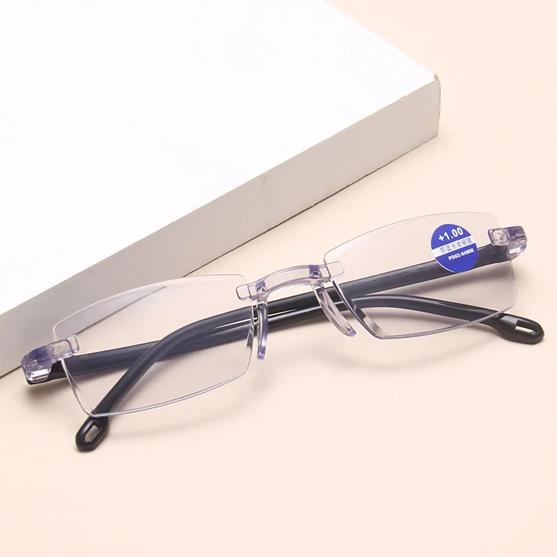 

Fashion new material thick lenses trimming elegant rimless anti blue light reading glasses