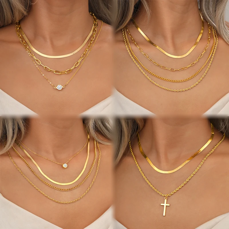 

Vintage Multilayer Blade Twist Cuban Chain Necklace Set Gold Cross Zircon Necklace for Women