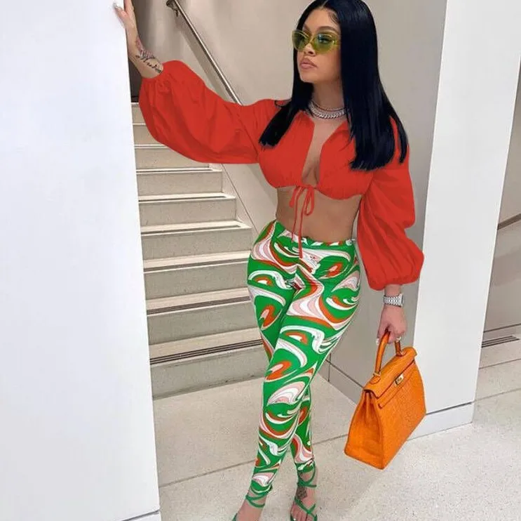 

X01915L Solid Lantern Sleeves and Lace-up High Waist Trouser Suit For Women Club Tracksuit Outfits Workout Clothing Casual Sets, 1 colors