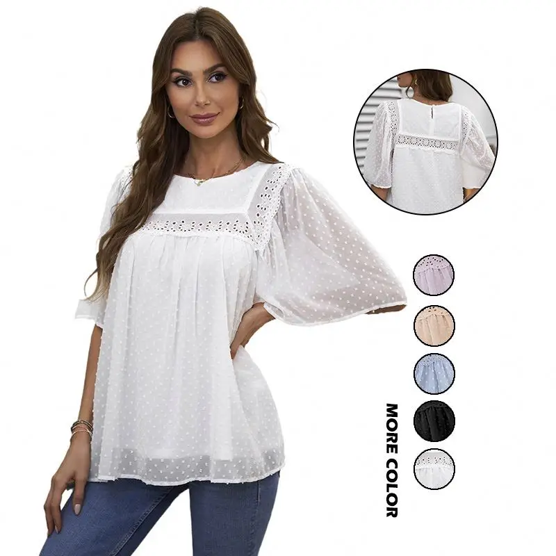 

Top Selling Products 2021 Blusas De Mujer Elegant Swiss Dot Short Sleeve Shirts For Women
