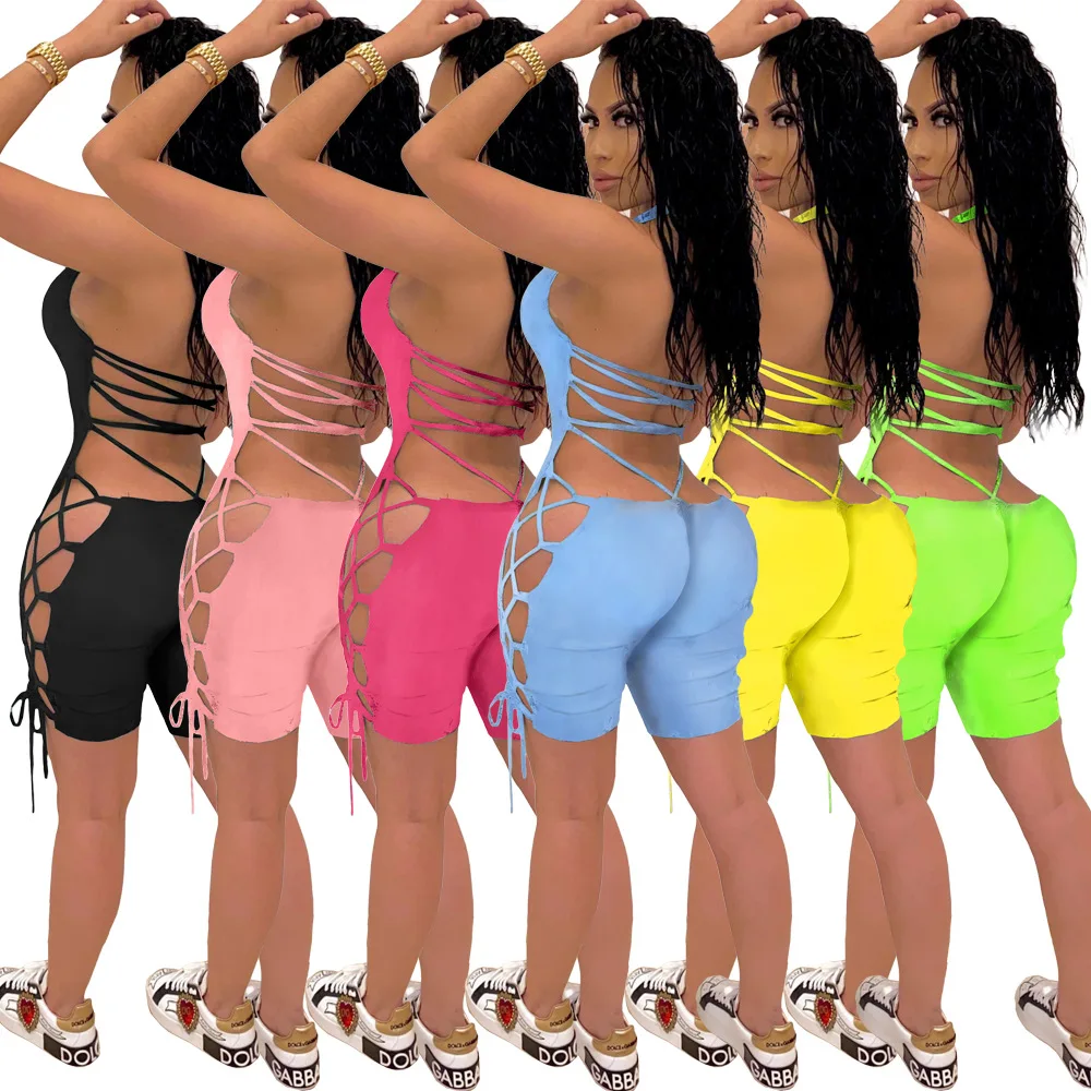 

B34805A 2020 In stock Wholesale women sexy pure color bare back bandage jumpsuit