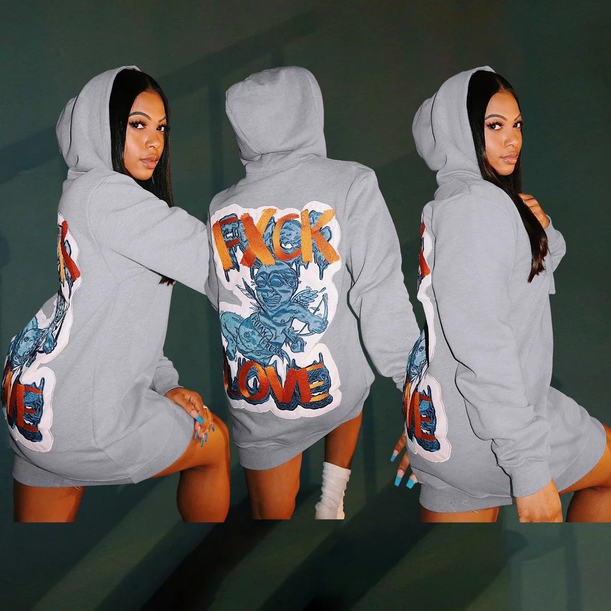 

Spring New Design Cartoon Logo Print One Piece Pullover Sweatshirt Dress Women Long Sleeve Loose Gray Hooded Dresses 2022, Picture shows