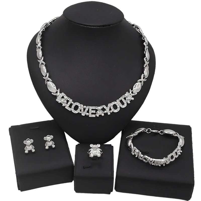 

I Love You Hug and Kiss Xoxo Necklace Jewelry Set American Diamond Silver Plated Big Teddy Bear Jewelry Set Birthday Gifts X0062