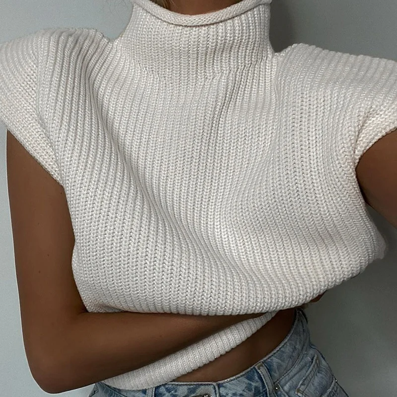 

Jumper Vest Shoulder Pads Turtle Neck Sweater Women Sleeveless Vest Sweater Women Thermal Knit Sweaters Pull Sans Manche, Customized color