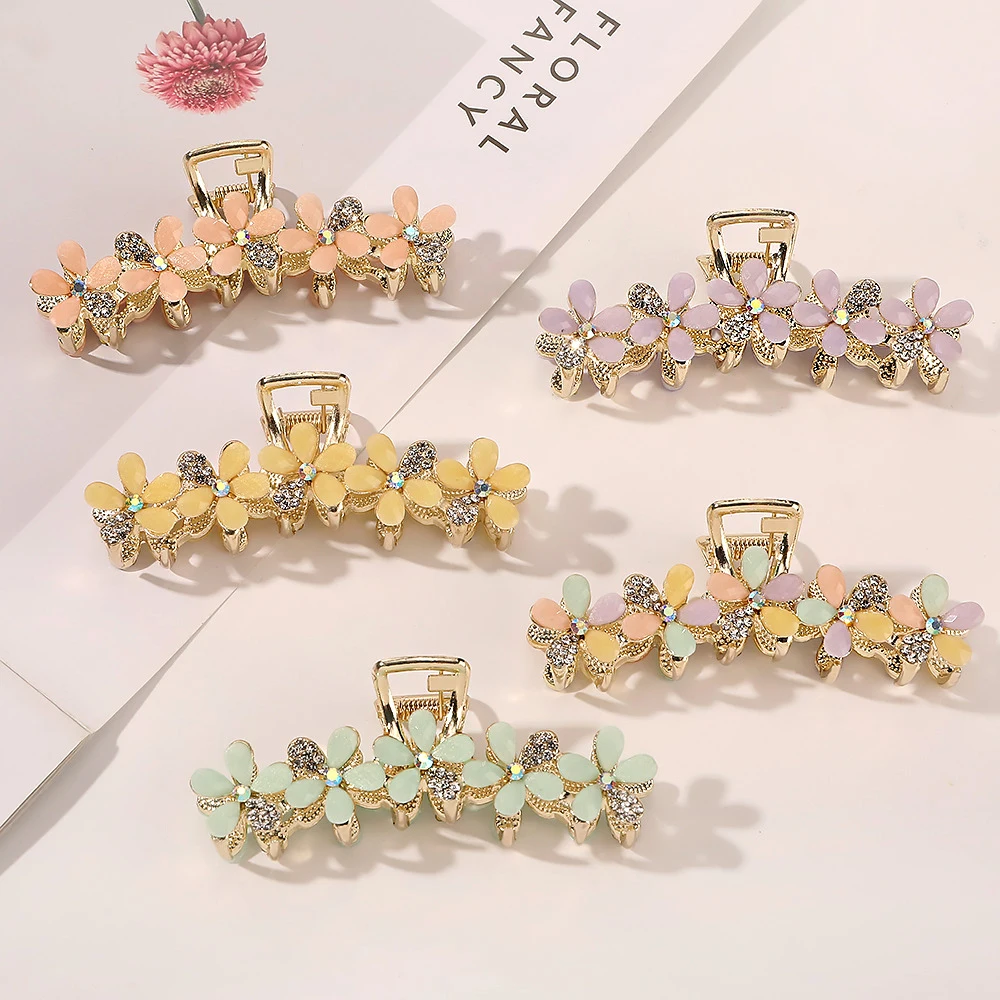 

Korean style alloy rhinestone flowers hair clip claw Girl colorful shark hair clip female large bling golden hair claw clips