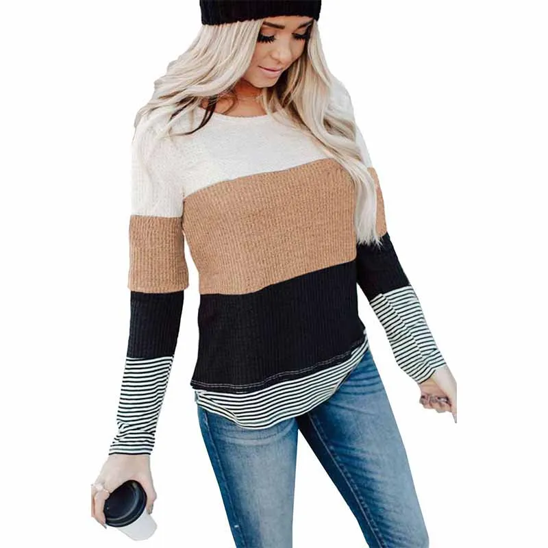 

Fashion Female Stylish Colorblock Blouse Splicing Stripes Trendy Top