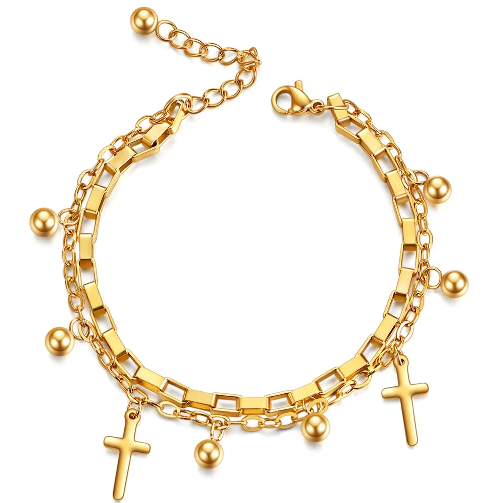 

High Quality 18k Gold Double Chain Link Plated Beaded Bracelet Stainless Steel Cross Pendant Bracelet for women