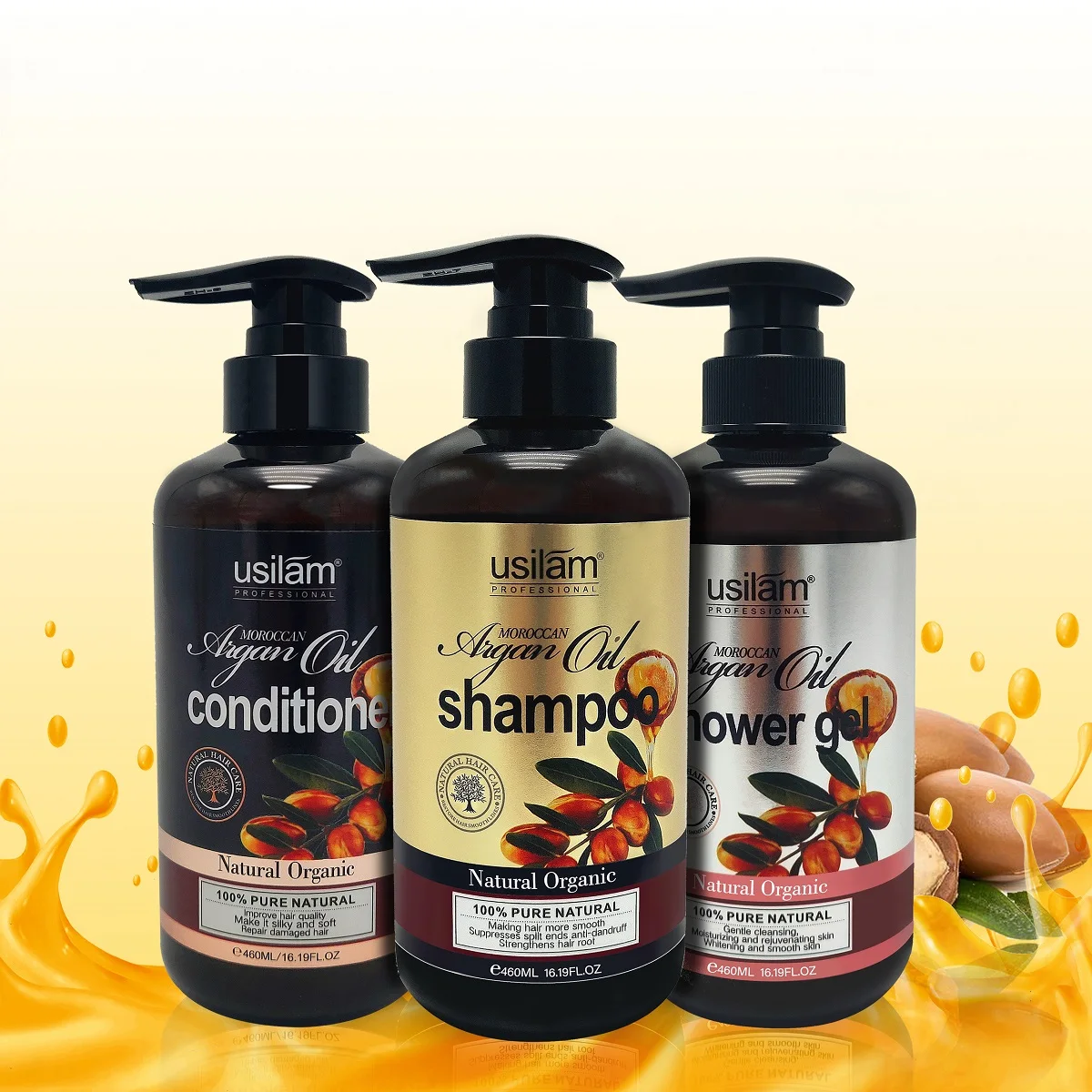 

lowest price OEM natural organic morocco argan hair oil shampoo and conditioner body shower gel suit, Luxury dark yellow