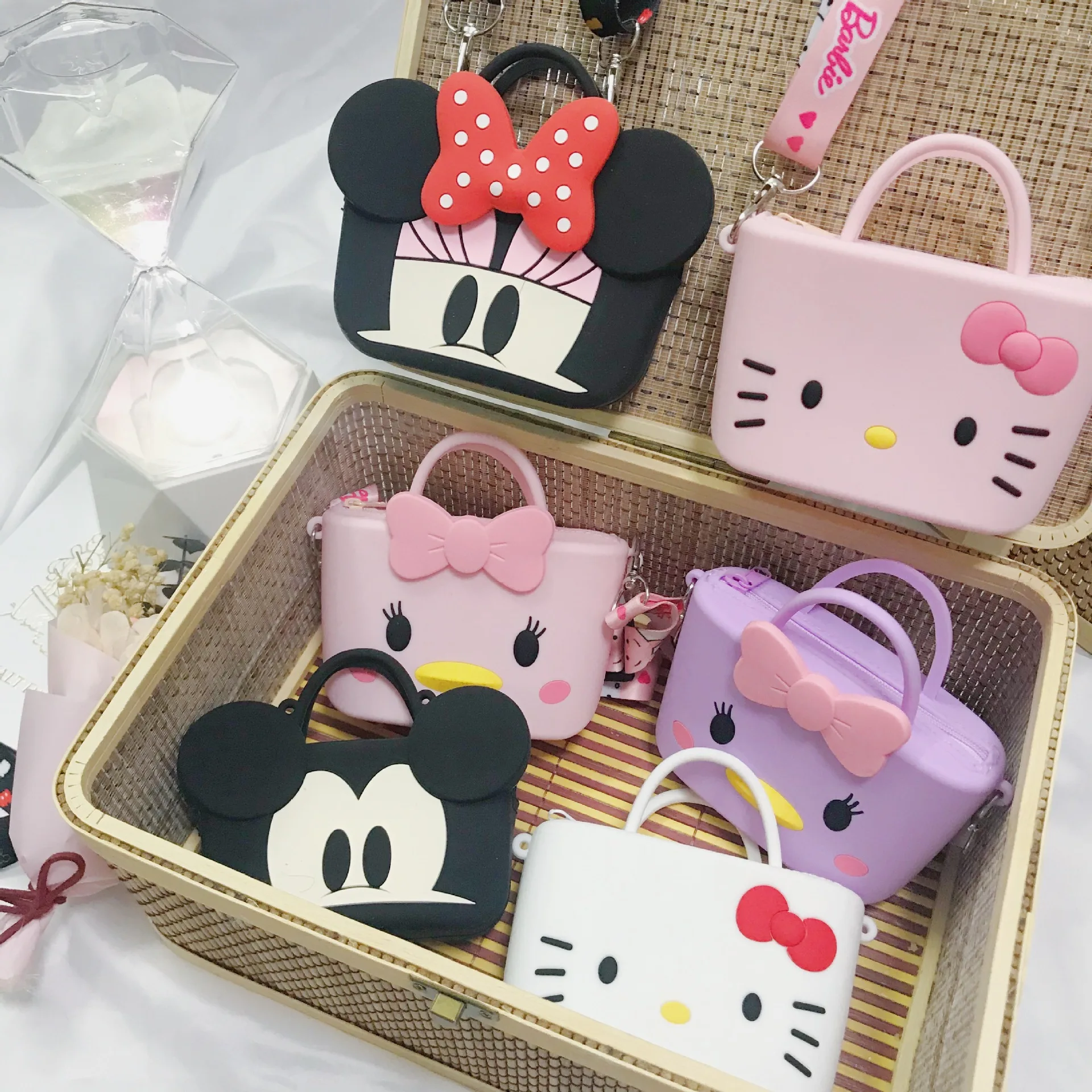 

New Style Mini Women Female Fashion Cute Cartoon Handbags Soft Portable Shoulder Crossbody Bags silicone storage bag, 40 cartoon characters for choose