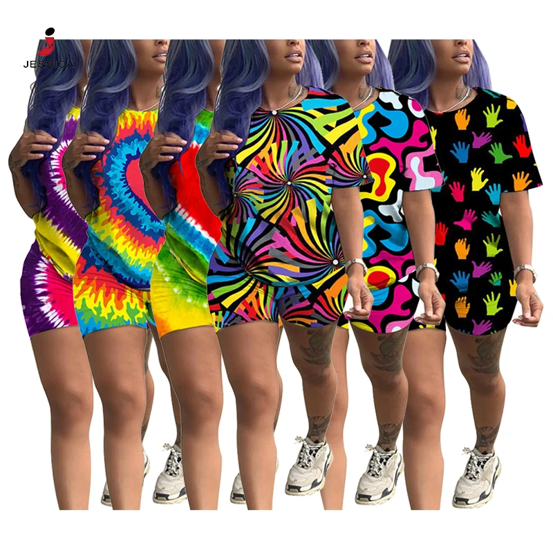 Wholesale hot sale women clothing tie dye casual t shirt two piece shorts set