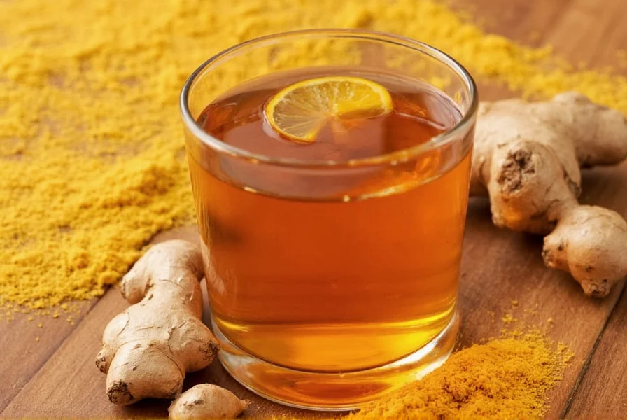 Fresh turmeric and ginger roots with prepared tea