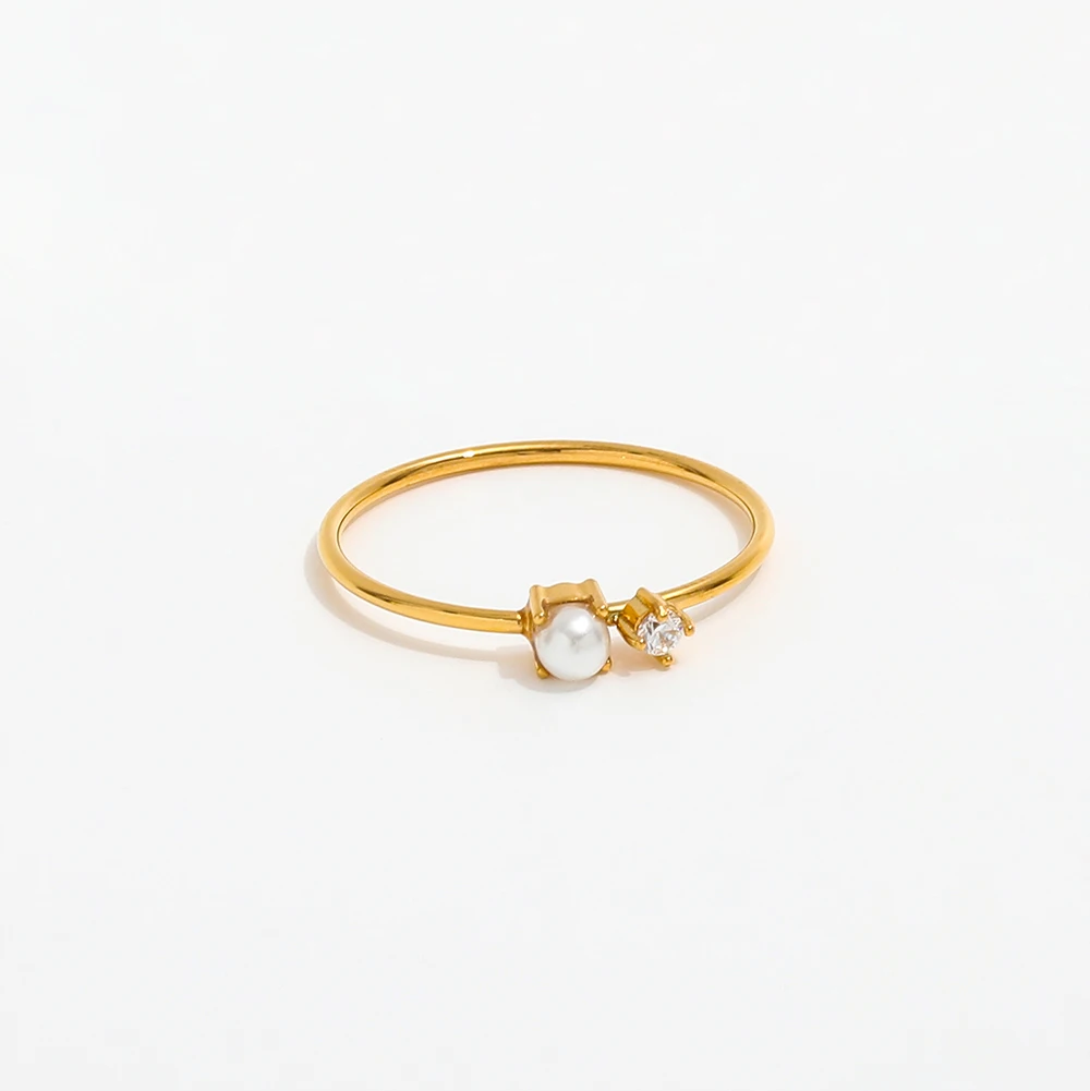 High End 18K PVD Gold Plated Imitation Pearl Dainty Zirconia Rings Stainless Steel Women Rings Tarnish Free Fashion Jewelry