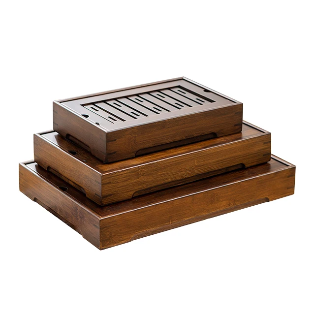 

High Quality Square Table Chinese Solid Wood Storage Bamboo Tea Tray for Gongfu Tea Set, Natural bamboo color/brown