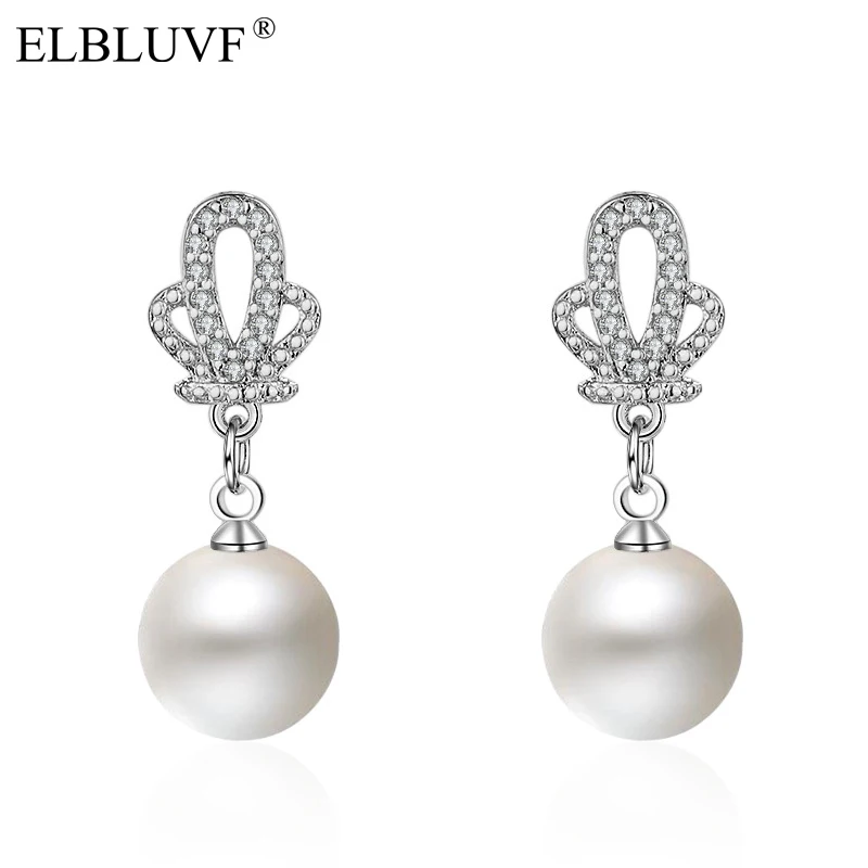 

ELBLUVF Free Shipping White Copper Platinum Plated Round Zircon White Pearl Cactus Wedding Drop Earrings