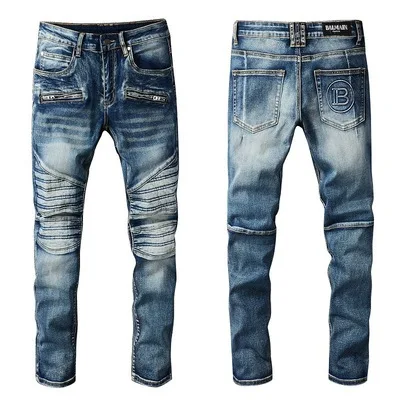 

NSZ29 Trendy B true relgion jeans knee-damage patch vintage jeans youth elastic slim-fit designer biker jeans