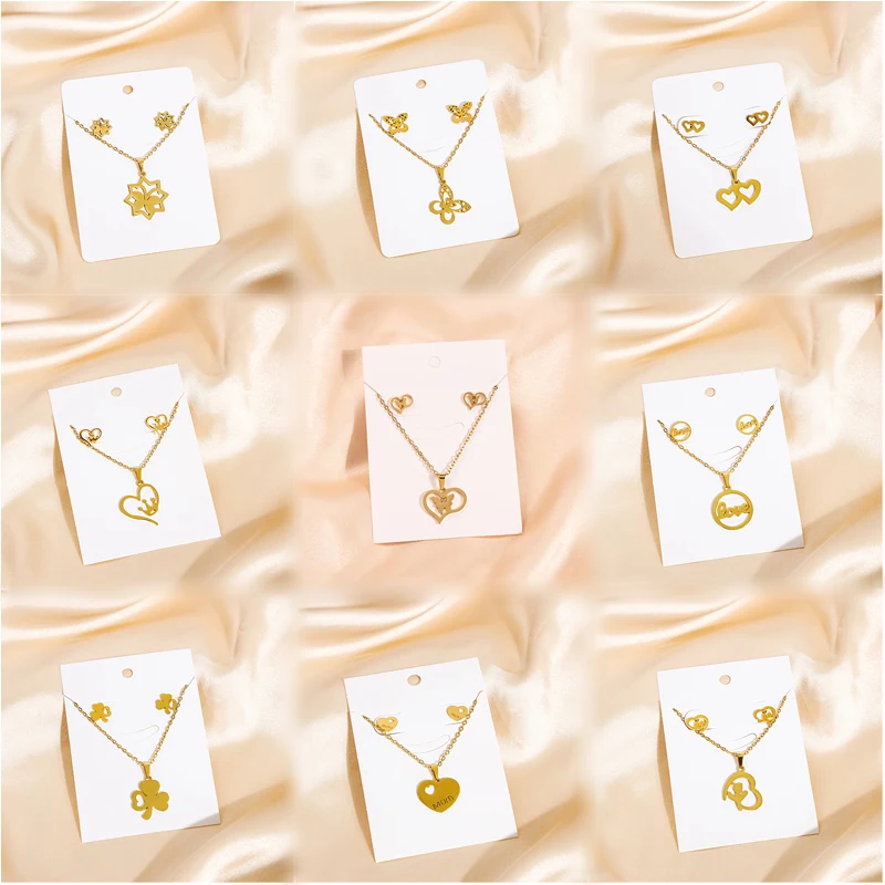 

Fashion Jewelry Set Women Minimalist 18K Gold Stainless Steel Cross Heart Butterfly Pendant Necklace And Earrings Set For Gift