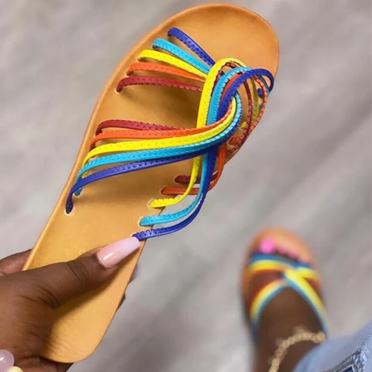 

2021 Women Sandals New Design Color Flats Low Heel Rainbow Colors Flat Outdoor Shoes Women's Sandals For Sale
