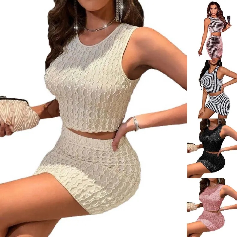 

2022 Chic Sleeveless Ruffle Crop Top 2PC Bodycon Mini Skirt Sets Outfit For Women, White,pink,black,white+black,pink+black