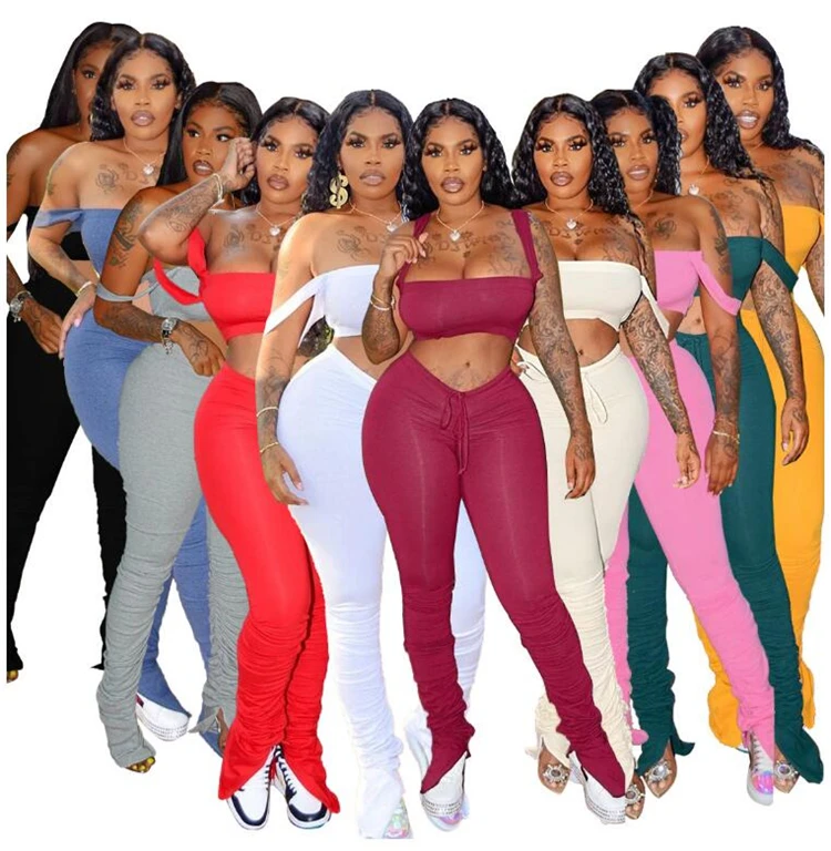 

2021 Summer Sexy 2 Piece Sets Women Clothing Backless Outfits Stacked Two Piece Pant Set Women