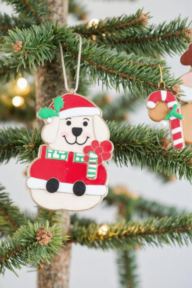 A fully decorated Christmas tree with a mix of animal-shaped ornaments, string lights, and coordinating baubles in red, gold, and green.