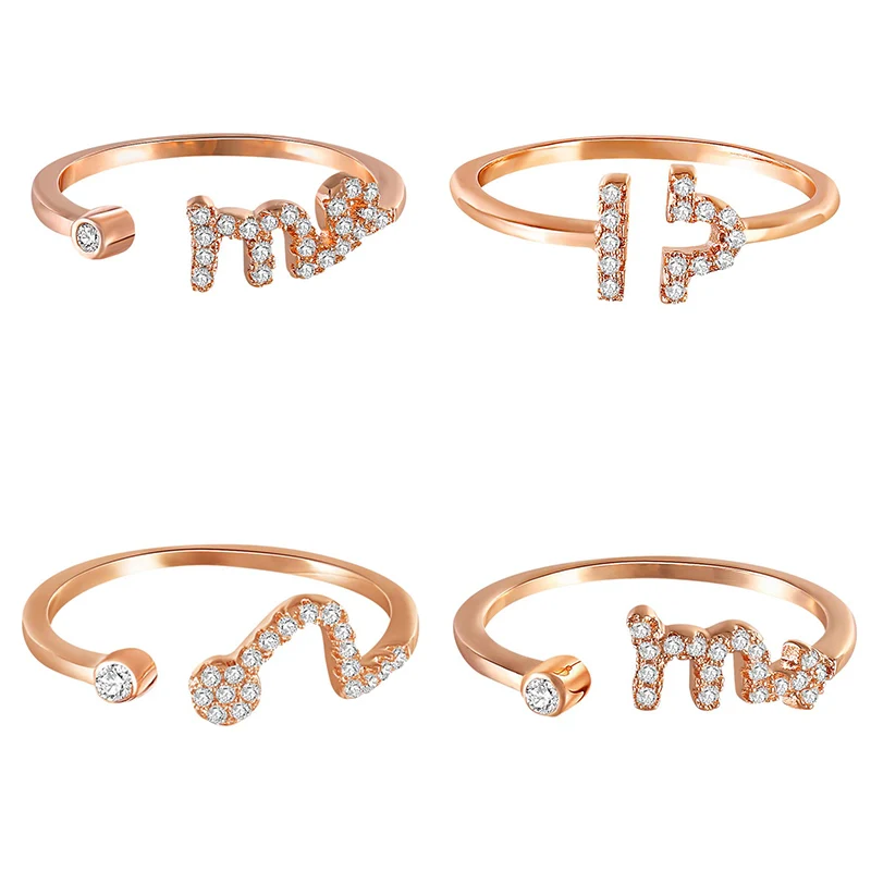 

New Fashion Lady Gift Engagement Rose Gold 12 Constellations Open Cuff Finger Zodiac Sign Ring For Women