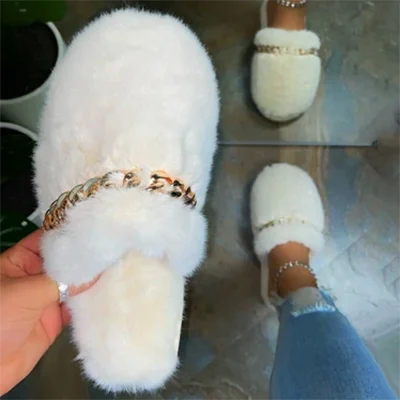 

Sexy Fuzzy Style White Black Coffee Wholesale Shoes 2020 Gold Chain Fur Slides Sandals Big Size 35-43 Fashion Home Warm Slippers