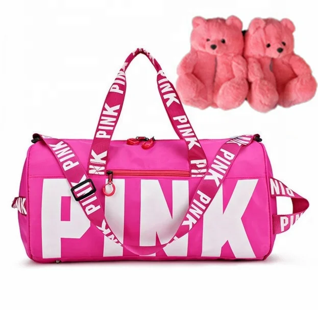 

Factory price Ladies Pink waterproof travel bag custom logo gym duffle bag cute teddy bear slippers LOW MOQ