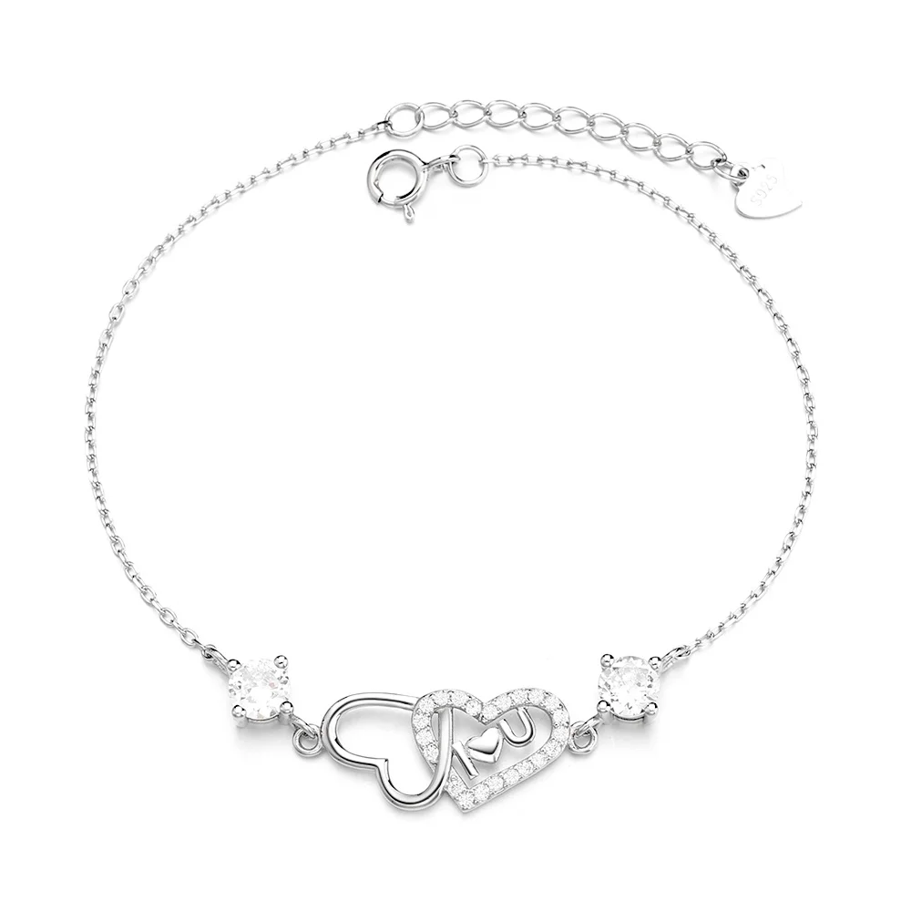 

925 Sterling Silver Twisted Double Heart Bracelet Adjustable Chain Bracelets
