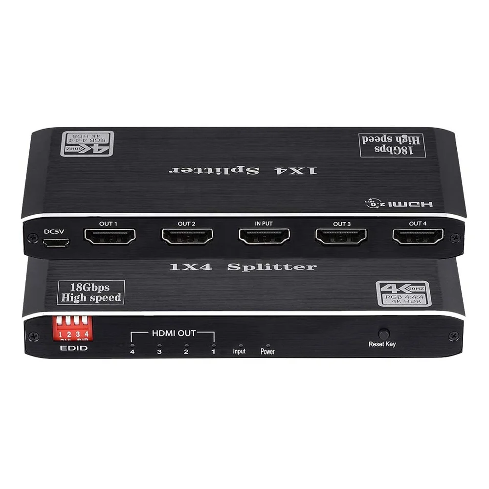 

OZF3 4K 60Hz 1x4 HDMI Splitter 1 in 4 Out Audio Video Distributor Box Support Full Ultra HD 3D HDR Compatible for HDTV Blu-Ray, Black
