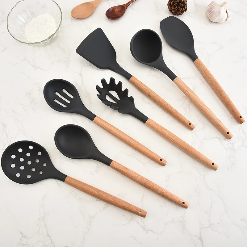 

Silicone kitchenware set cooking spade wooden handle utensils accessories, Black