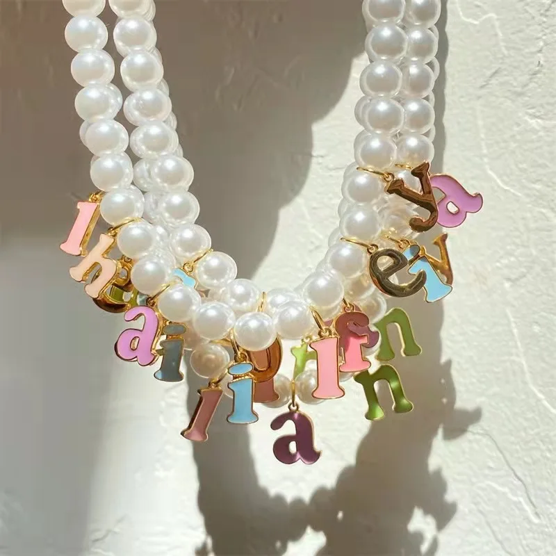 

Custom Colorful Enamel Epoxy Pearl Chain Initial Letter 26 Alphabet Charm Necklace Choker Jewelry For Women, Picture