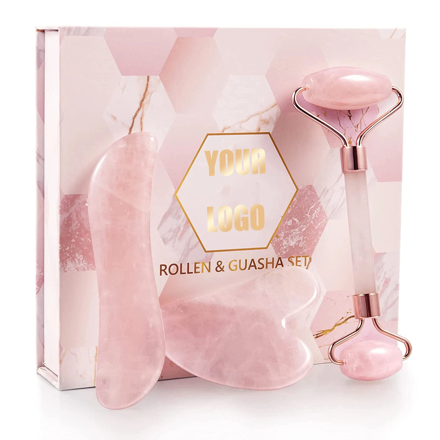 

Wholesale Facial Eye 3d Derma Roller Icing Double Face Massage Jade Roller Gua Sha Set, Pink rose quartz