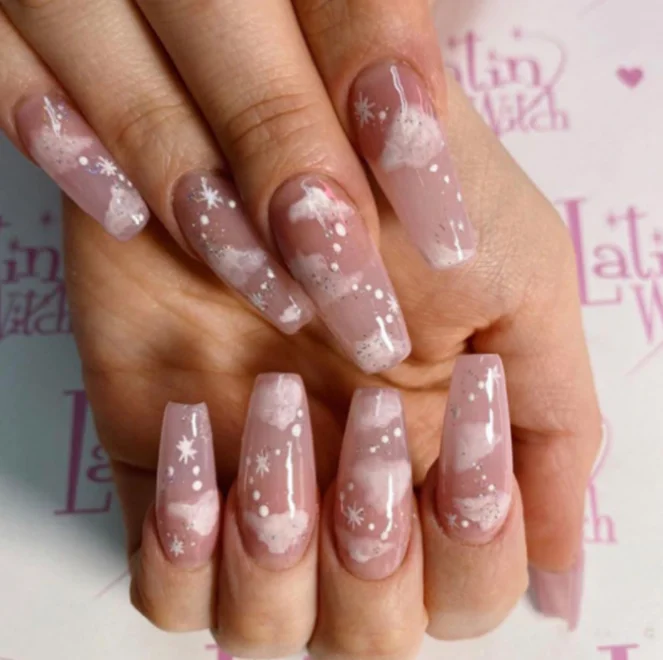 

2021 Long ballet snowflake cloud glue white wear finished hot products nail, Pink