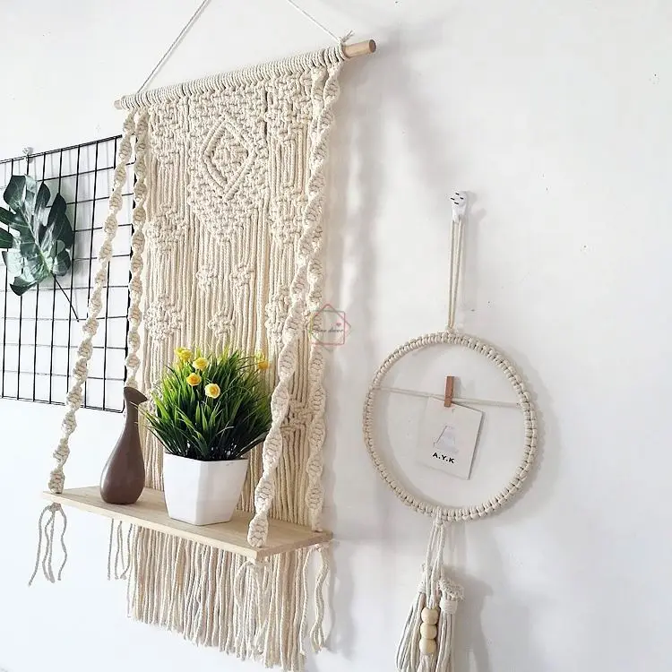 

decorative wooden wall shelf macrame hanging shelf indoor plant pot shelf, Different colors