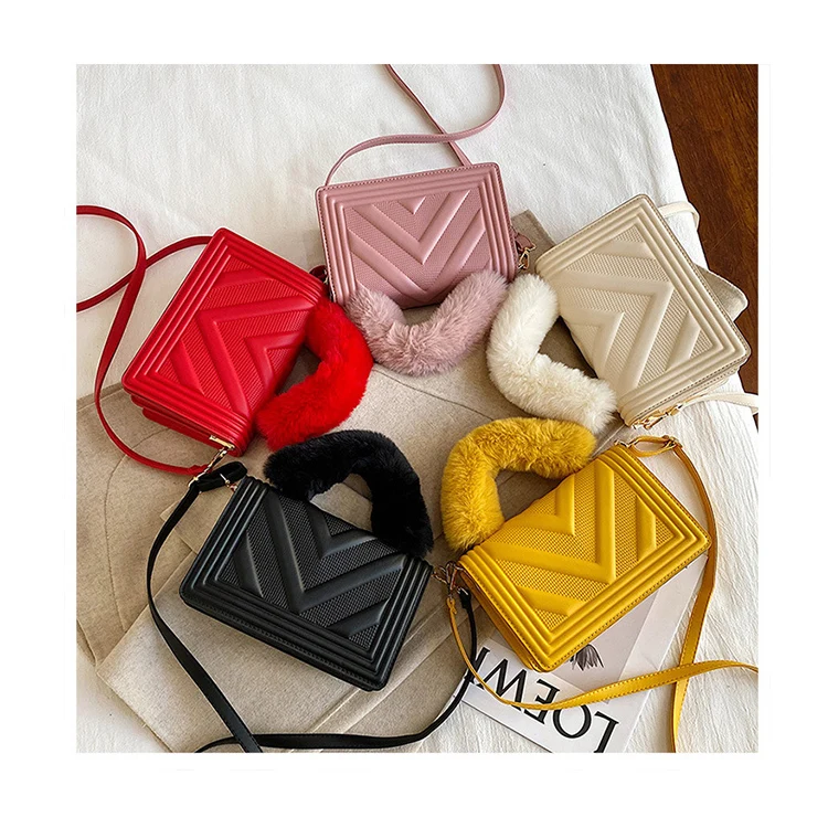

Soft Plush Handle Ladies Flap Shoulder Messenger Bags Embossed Women Fall Winter Faux Fur Handle Bag Candy Color Purses Handbags