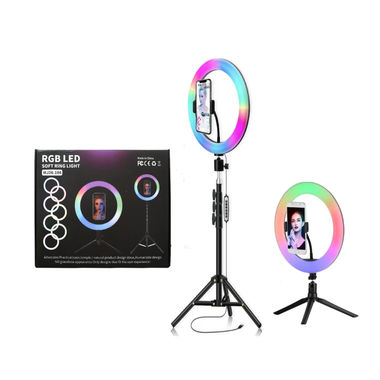 

26cm RGB LED Selfie Ring Light Photography RingLight Phone Stand Holder Tripod Circle Fill Light Dimmable Lamp Makeup