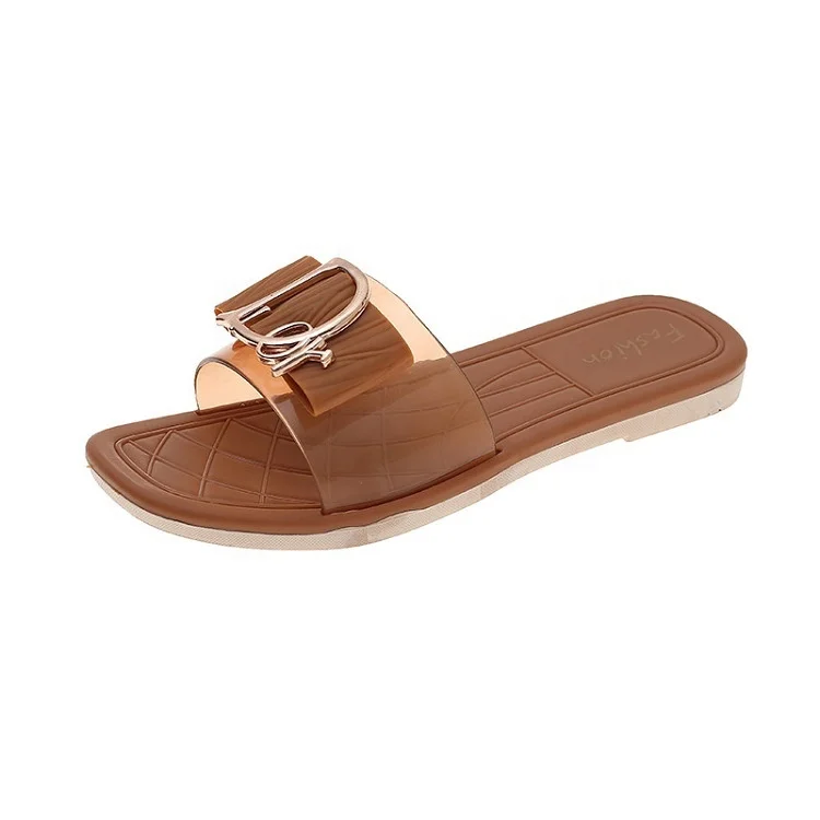 

2021 New Square Buckle Slippers Summer Ladies Wear Fashion All-match Korean Sandals Flat Bottom Casual Beach Slippers, Black,green, khaki, natural