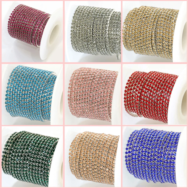 

Colorful 10 Yards Glass Crystal Rhinestone Chain Silver Base Sew on Cup Chains on Roll For diy Garment Bags Decorations