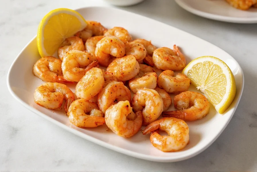 Perfectly seared lemon pepper shrimp served in white ceramic plate with lemon wedges