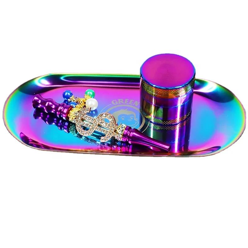 

UKETA High Quality Smoking Marijuana Metal Grinder Bling Blunt Holder Hookah Portabl Rainbow Weed Rolling Tray Smoking Set, Optional