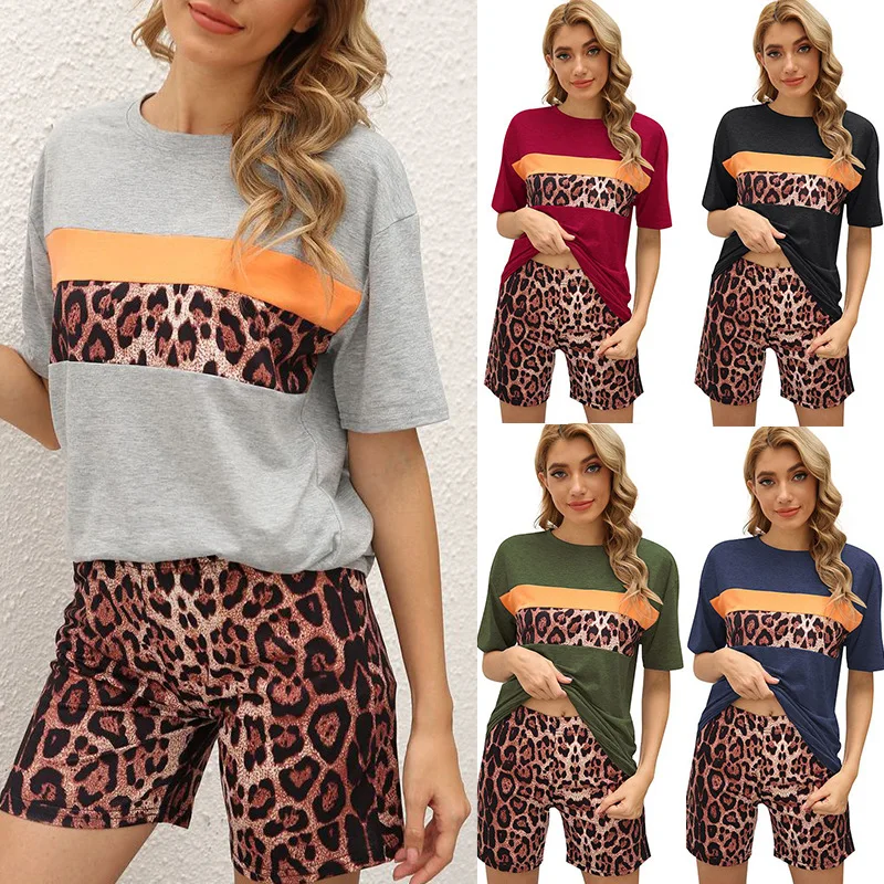 

2021 New leopard print color matching loose casual T-shirt tights suit home service women casual wear for ladies, As picture