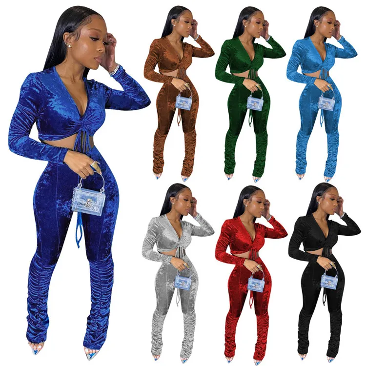 

Women fashion trendy crop top and pants solid two piece Korean velvet pleated stacking V neck sports casual velour two piece set