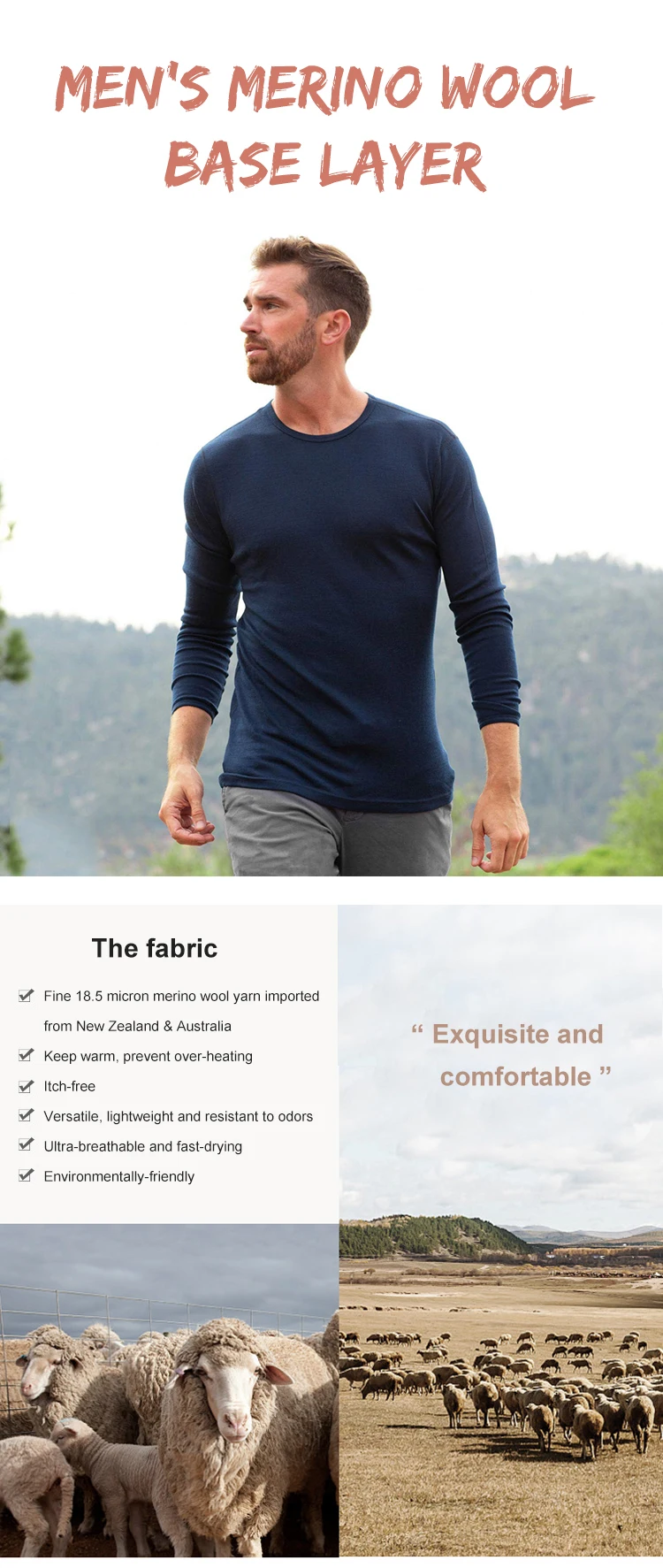 Double layer wool Long Sleeve thermal underwear moisture wicking shirts