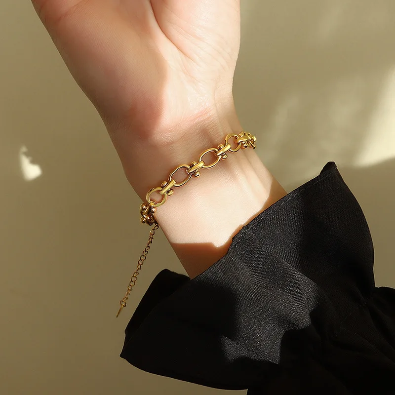 

Punk Chunky Chain 18k Gold Plated Stainless Steel Jewelry Chain Bracelet With Small Steel Ball, As picture